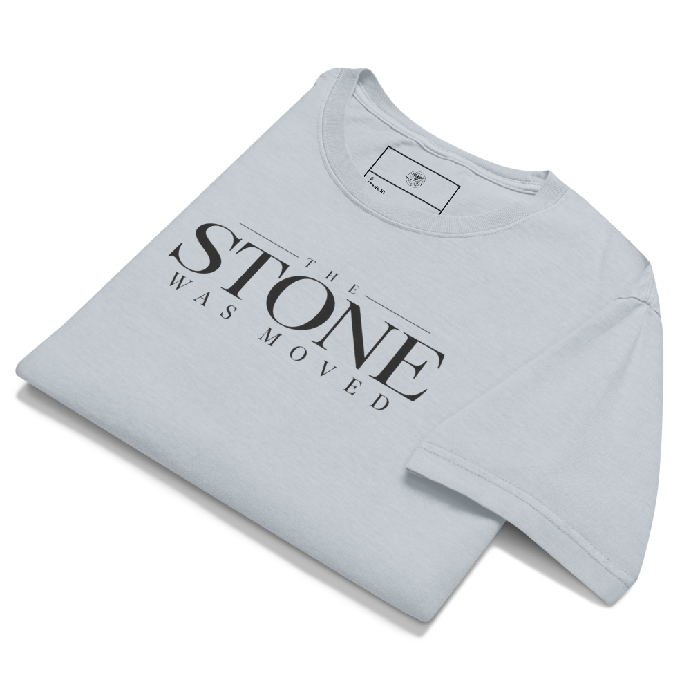The Stone Was Gone by Morning Christian Resurrection Oversized T-Shirt — front. Gospel Noir Christian T-shirt by Heavenly Crafted, faith-based apparel for men and women
