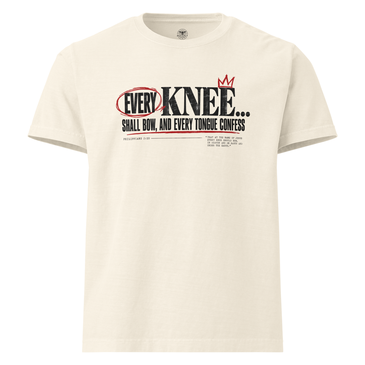 Every Knee Will Bow Philippians 2:10 oversized Christian T-shirt with Gospel Noir Scripture design.
