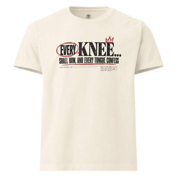Every Knee Will Bow Philippians 2:10 oversized Christian T-shirt with Gospel Noir Scripture design.