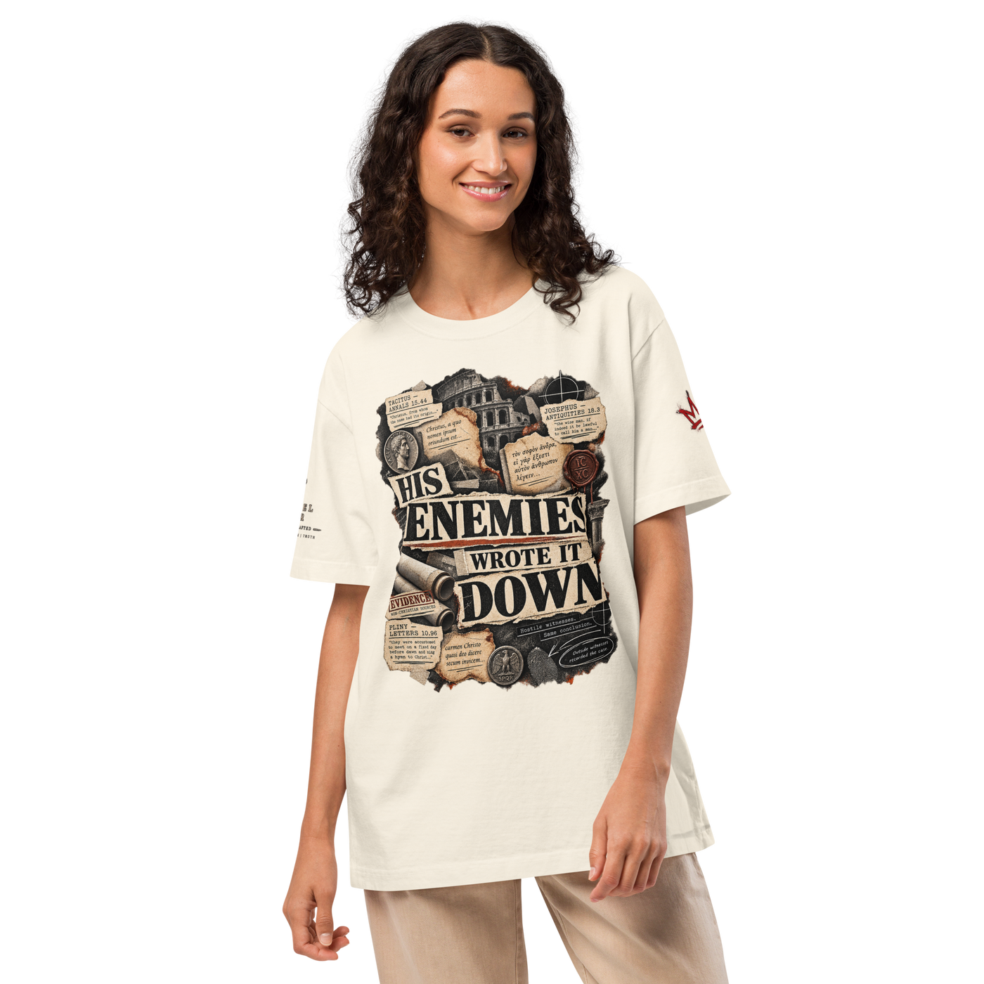 His Enemies Wrote It Down oversized historical Jesus apologetics T-shirt with Gospel Noir evidence design.