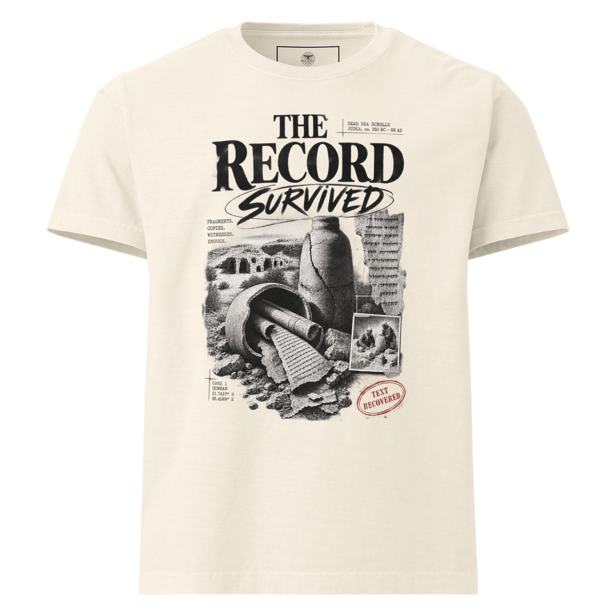 The Record Survived oversized Christian T-shirt with Gospel Noir Dead Sea Scrolls manuscript evidence design.