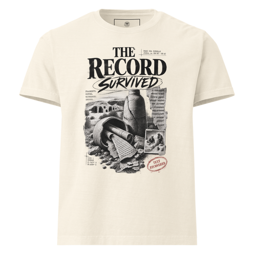 The Record Survived oversized Christian T-shirt with Gospel Noir Dead Sea Scrolls manuscript evidence design.