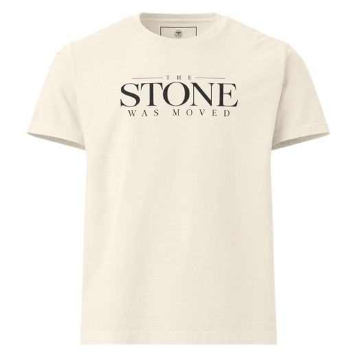 The Stone Was Gone by Morning Christian resurrection oversized T-shirt by Gospel Noir, front view.