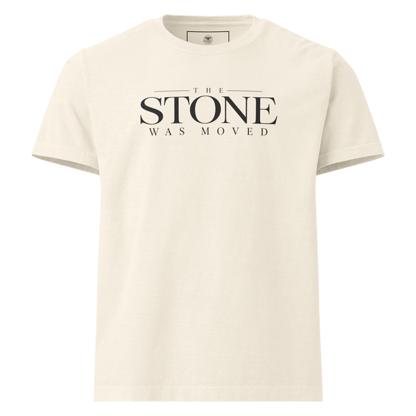The Stone Was Gone by Morning Christian resurrection oversized T-shirt by Gospel Noir, front view.