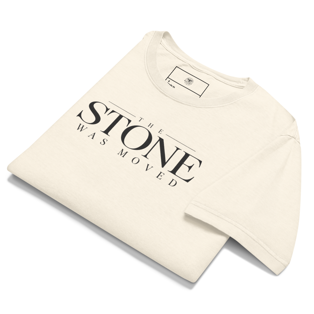 The Stone Was Gone by Morning Christian Resurrection Oversized T-Shirt — white, front. Gospel Noir Christian T-shirt by Heavenly Crafted, film noir Christian apparel