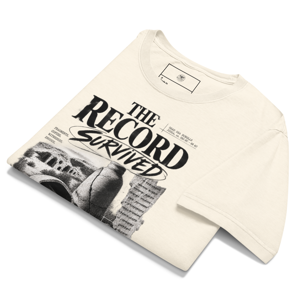 Dead Sea Scrolls Christian Oversized T-Shirt — The Record Survived, Archive Edition — white, front. Gospel Noir Christian T-shirt by Heavenly Crafted, Christmas Christian streetwear gift