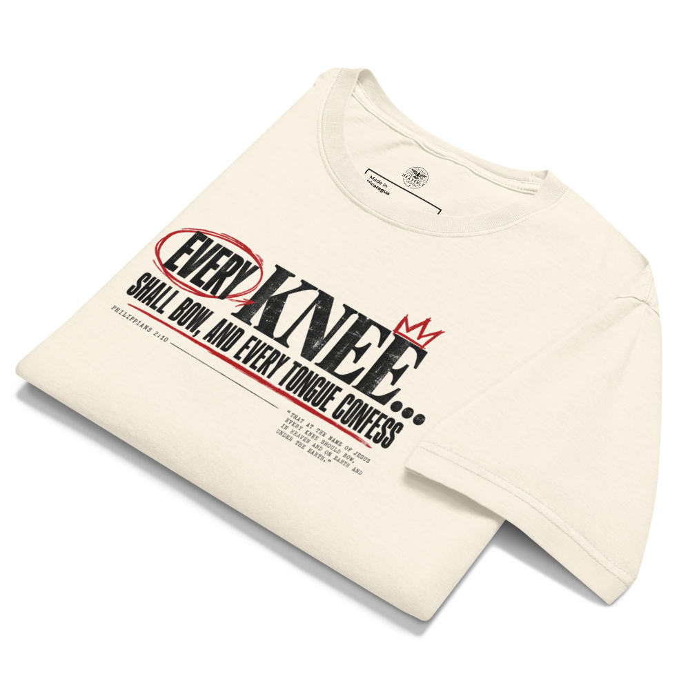 Every Knee Will Bow Christian Oversized T-Shirt — Philippians 2:10 — white, front. Gospel Noir Christian T-shirt by Heavenly Crafted, film noir Christian apparel