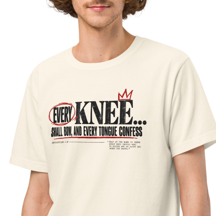 Every Knee Will Bow Christian Oversized T-Shirt — Philippians 2:10 — white, front. Gospel Noir Christian T-shirt by Heavenly Crafted, Christmas Christian streetwear gift