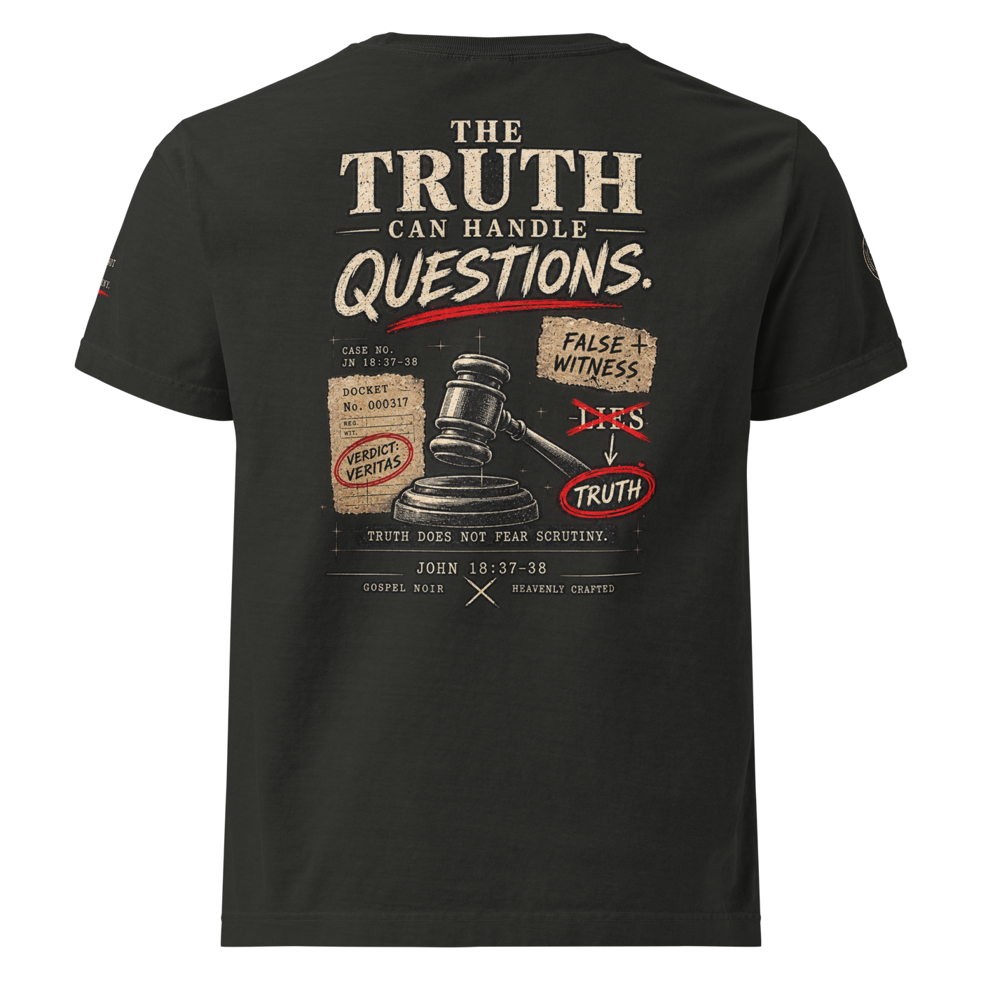 The Truth Can Handle Questions Christian apologetics oversized T-shirt by Gospel Noir, back view.