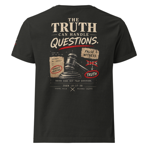 The Truth Can Handle Questions Christian apologetics oversized T-shirt by Gospel Noir, back view.