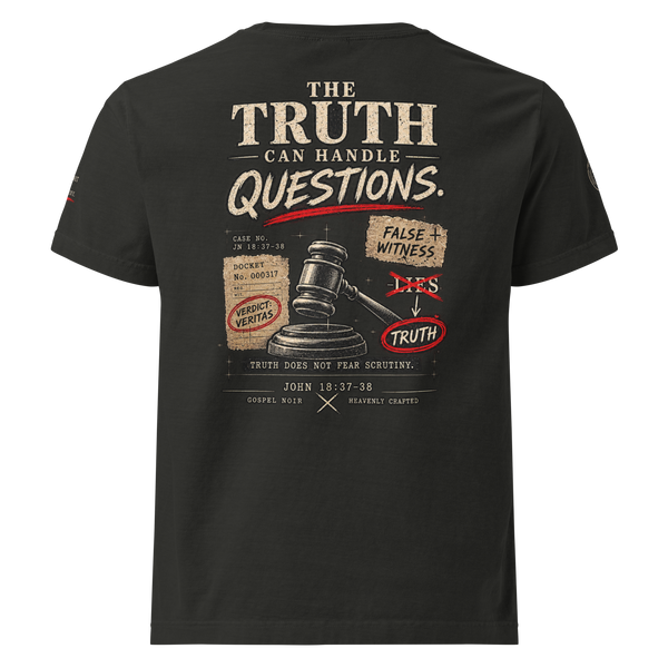 The Truth Can Handle Questions Christian apologetics oversized T-shirt by Gospel Noir, back view.