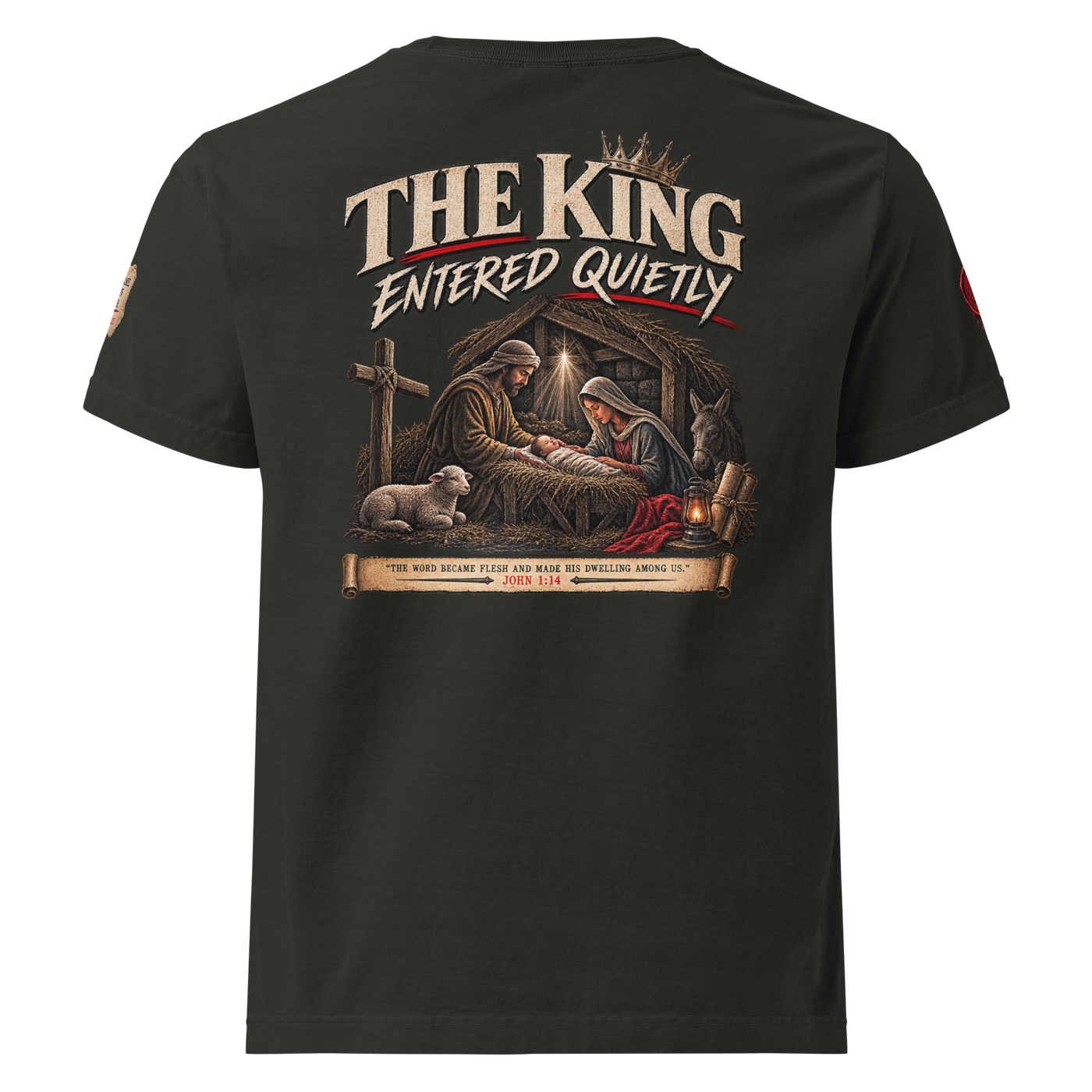 The King Came Quietly Christian Christmas oversized T-shirt — washed black, back view