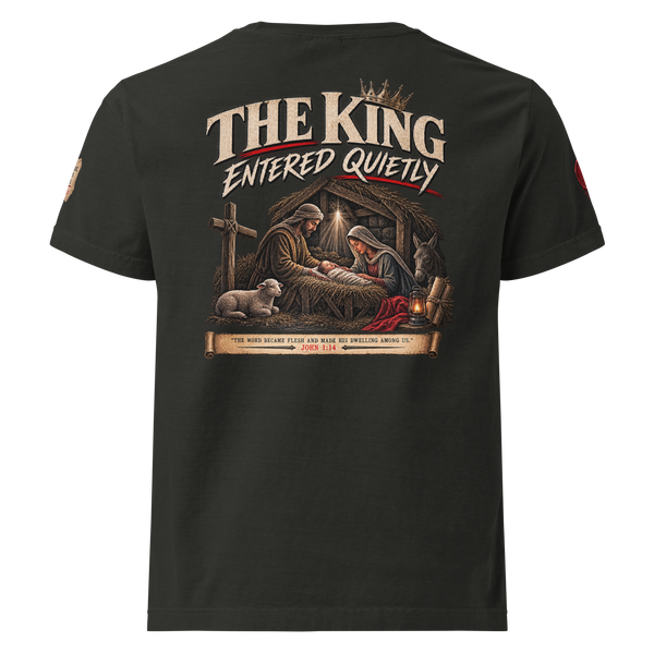 The King Came Quietly Christian Christmas oversized T-shirt — washed black, back view