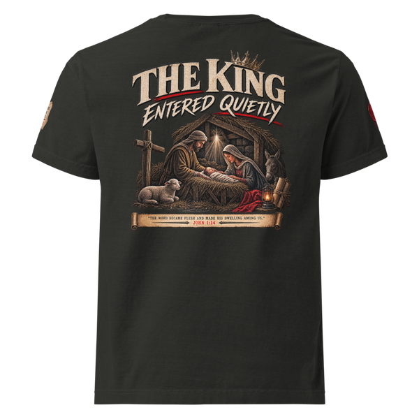 THE KING CAME QUIETLY Christian Christmas Oversized T-Shirt — The King Came Quietly — black, back. Gospel Noir Christian T-shirt by Heavenly Crafted, Christian streetwear