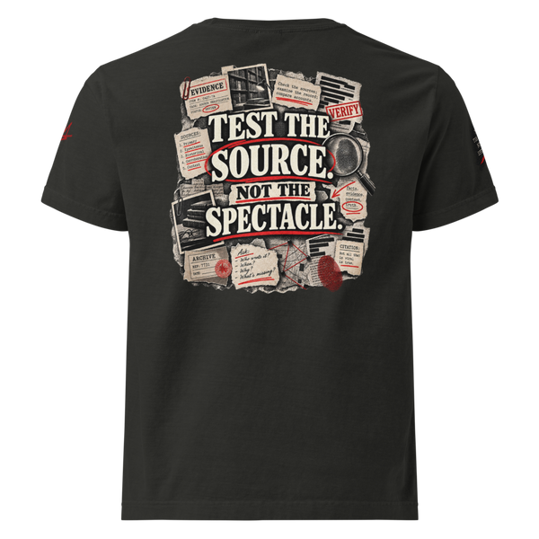 Christian Discernment Oversized T-Shirt — Test the Source, Not the Spectacle II — black, back. Gospel Noir Christian T-shirt by Heavenly Crafted, Christian streetwear
