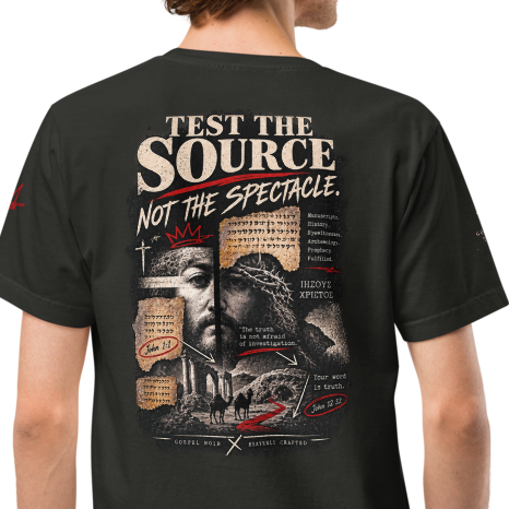 Christian Discernment Oversized T-Shirt — Test the Source, Not the Spectacle — black, back. Gospel Noir Christian T-shirt by Heavenly Crafted, film noir Christian apparel