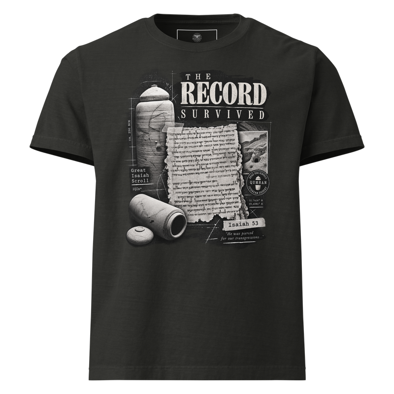 The Record Survived Dead Sea Scrolls Christian oversized T-shirt, washed black front view.