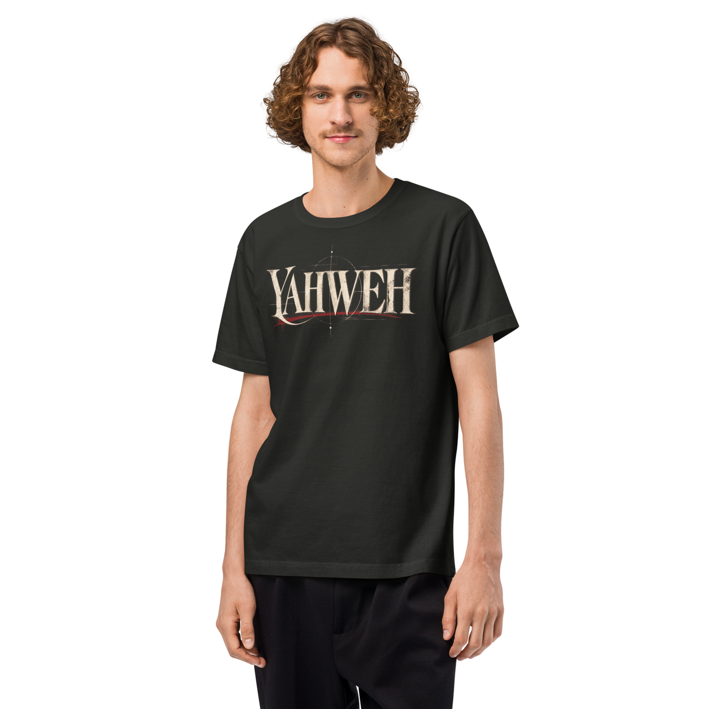 Yahweh Christian oversized T-shirt by Gospel Noir, garment-dyed streetwear product view.