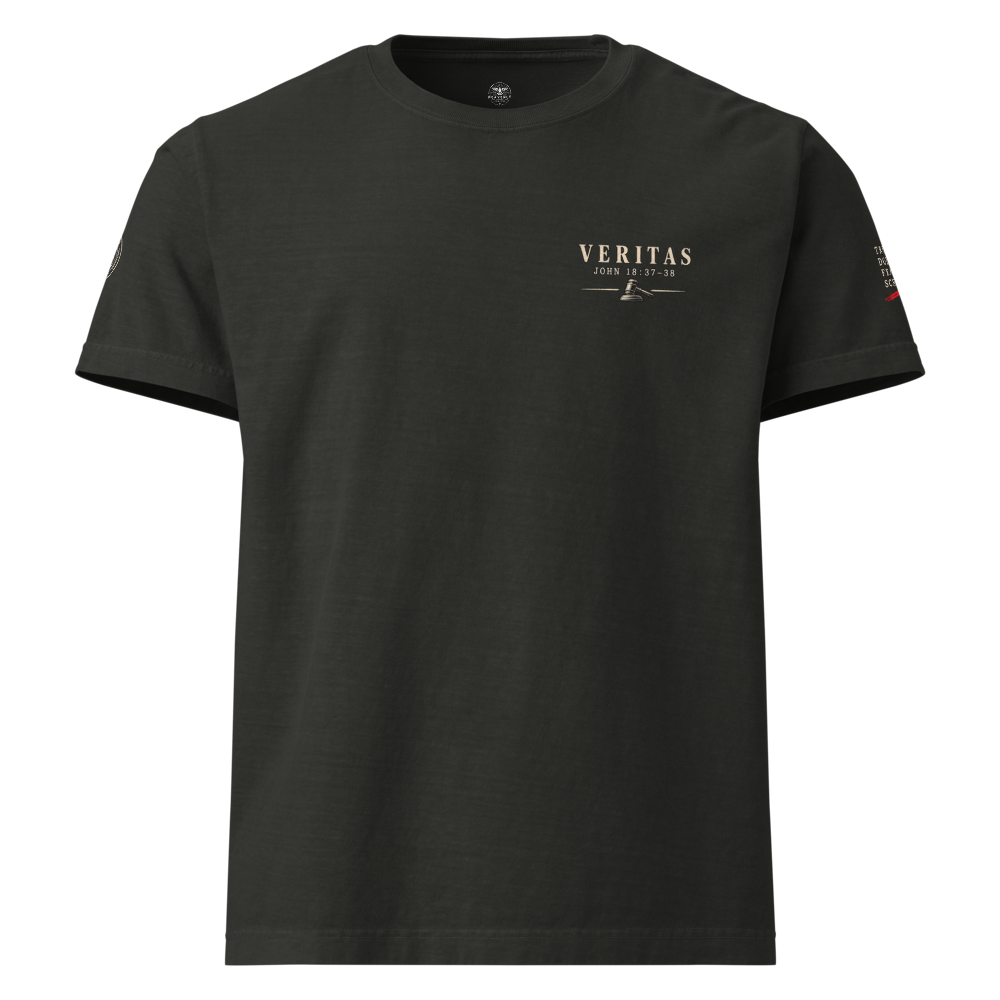 The Truth Can Handle Questions Christian Oversized T-Shirt — Apologetics Streetwear — black, front. Gospel Noir Christian T-shirt by Heavenly Crafted, film noir Christian apparel