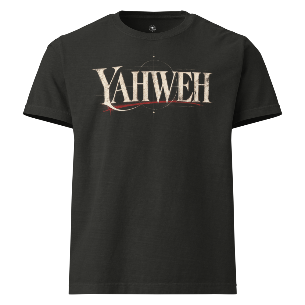 Yahweh Christian Oversized T-Shirt — Name of God Streetwear — black, front. Gospel Noir Christian T-shirt by Heavenly Crafted, Christmas Christian streetwear gift