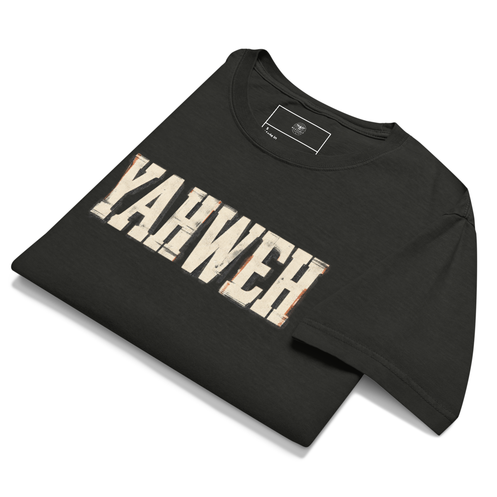 Yahweh Christian Oversized T-Shirt — Sacred Name Archive Edition — black, front. Gospel Noir Christian T-shirt by Heavenly Crafted, film noir Christian apparel