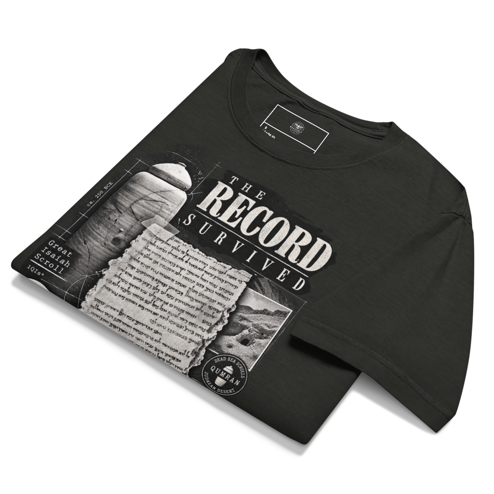Dead Sea Scrolls Christian Oversized T-Shirt — The Record Survived — black, front. Gospel Noir Christian T-shirt by Heavenly Crafted, film noir Christian apparel