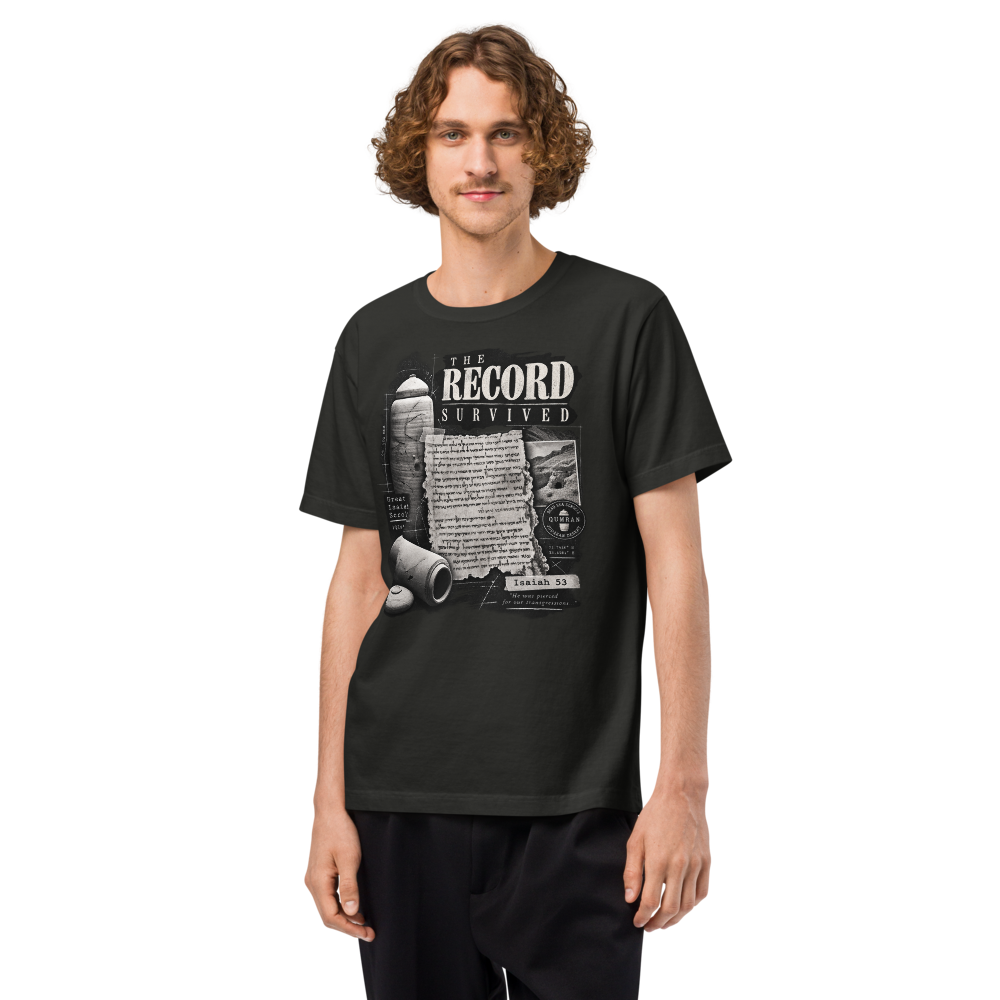 Dead Sea Scrolls Christian Oversized T-Shirt — The Record Survived — black, front. Gospel Noir Christian T-shirt by Heavenly Crafted, faith-based apparel for men and women