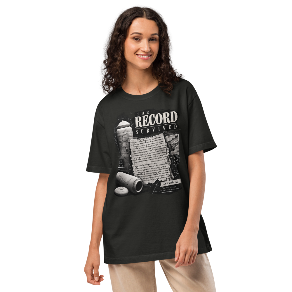 Dead Sea Scrolls Christian Oversized T-Shirt — The Record Survived — black, front. Gospel Noir Christian T-shirt by Heavenly Crafted, Christmas Christian streetwear gift