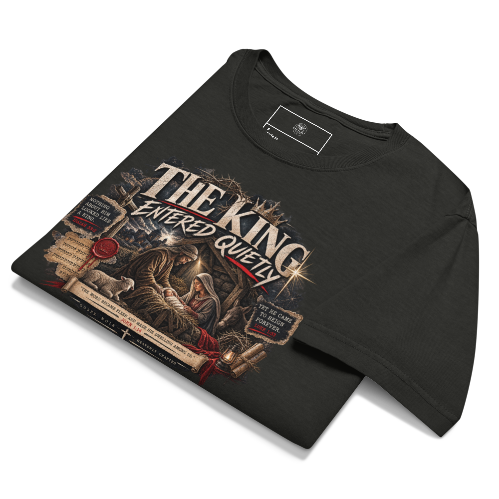 Christian Christmas Oversized T-Shirt — The King Entered Quietly — black, front. Gospel Noir Christian T-shirt by Heavenly Crafted, film noir Christian apparel