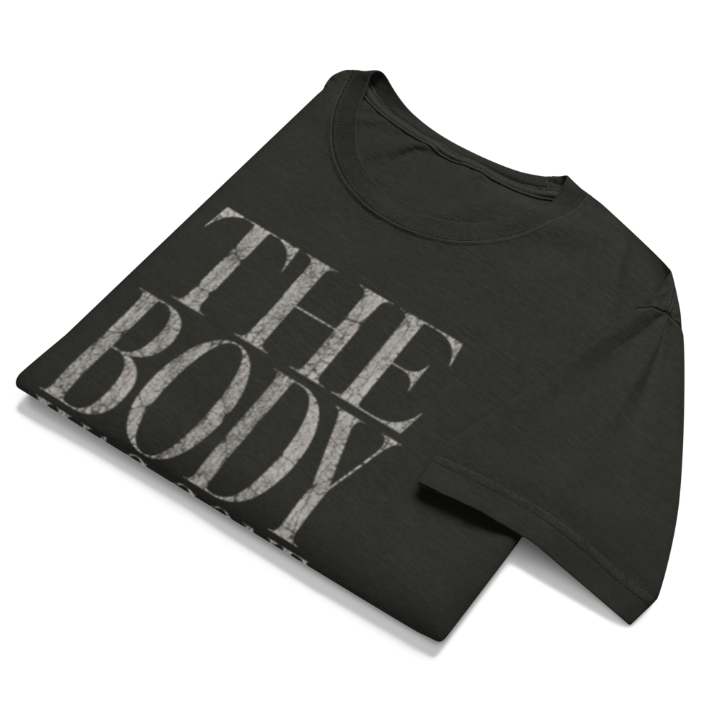 Christian Resurrection Oversized T-Shirt — The Body Was Gone by Morning — black, front. Gospel Noir Christian T-shirt by Heavenly Crafted, film noir Christian apparel