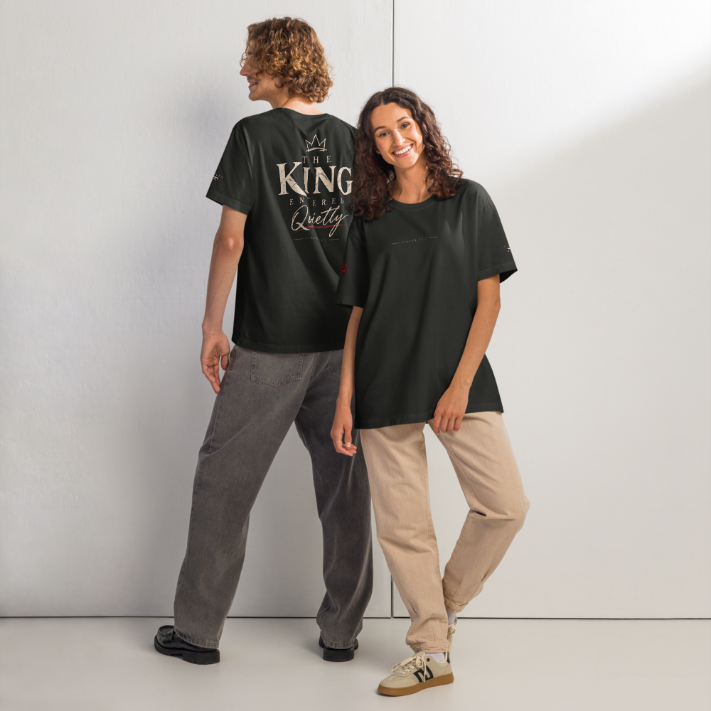 Christ the King Christian Oversized T-Shirt — black, front back. Gospel Noir Christian T-shirt by Heavenly Crafted, faith-based apparel for men and women