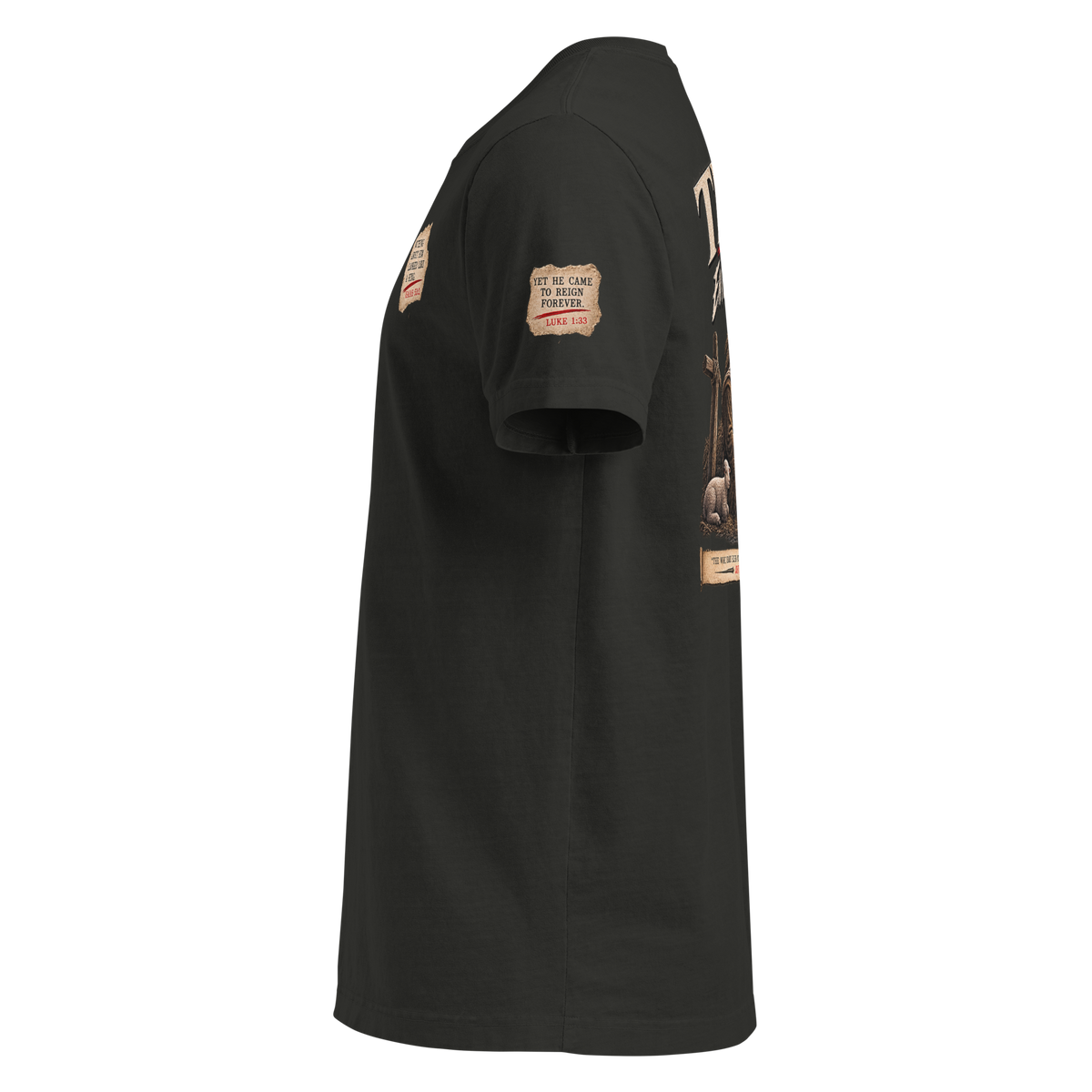 The King Came Quietly Christian Christmas oversized T-shirt — washed black, left-side view