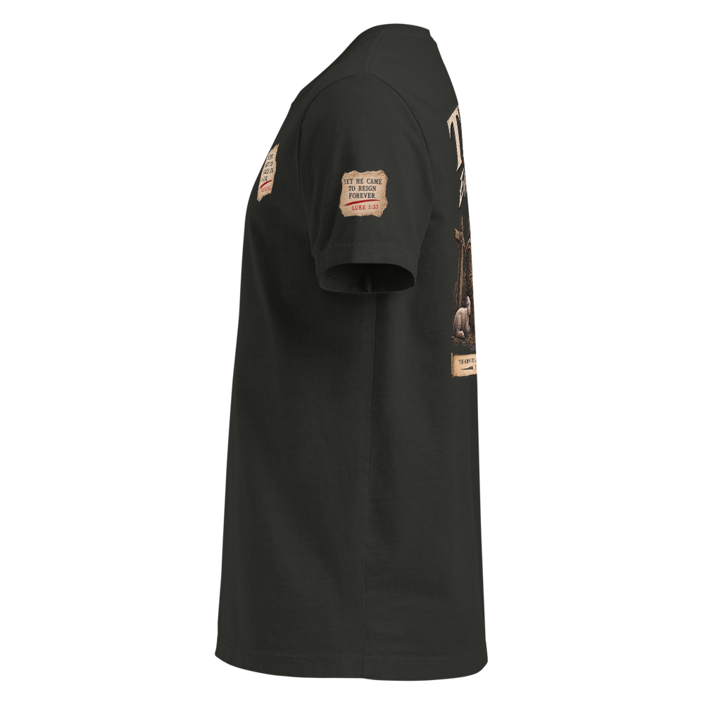 THE KING CAME QUIETLY Christian Christmas Oversized T-Shirt — The King Came Quietly — black, left. Gospel Noir Christian T-shirt by Heavenly Crafted, faith-based apparel for men and women
