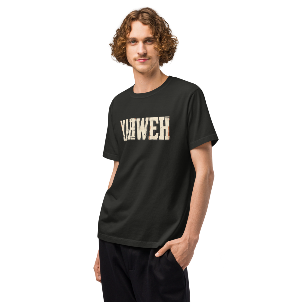 Yahweh Christian Oversized T-Shirt — Sacred Name Archive Edition — black, front left. Gospel Noir Christian T-shirt by Heavenly Crafted, Christmas Christian streetwear gift