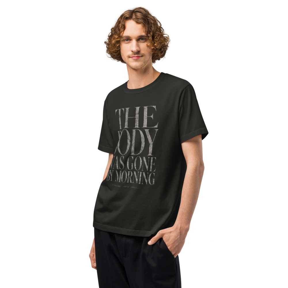 Christian Resurrection Oversized T-Shirt — The Body Was Gone by Morning — black, front left. Gospel Noir Christian T-shirt by Heavenly Crafted, faith-based apparel for men and women