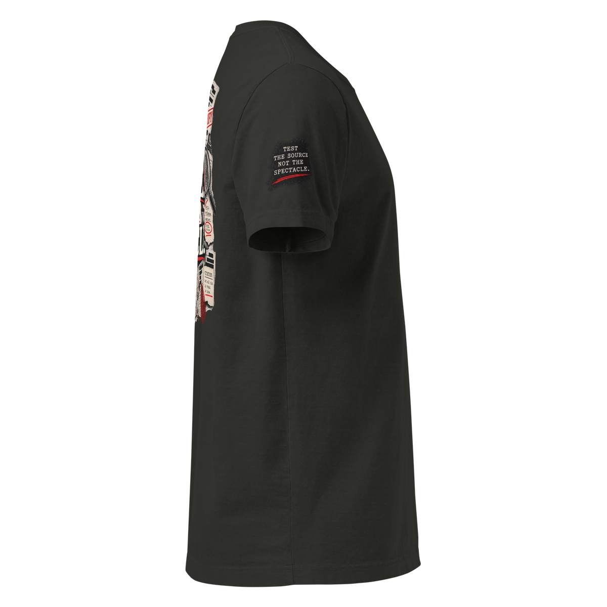 Test the Source Not the Spectacle II Christian oversized T-shirt — washed black, right-side view