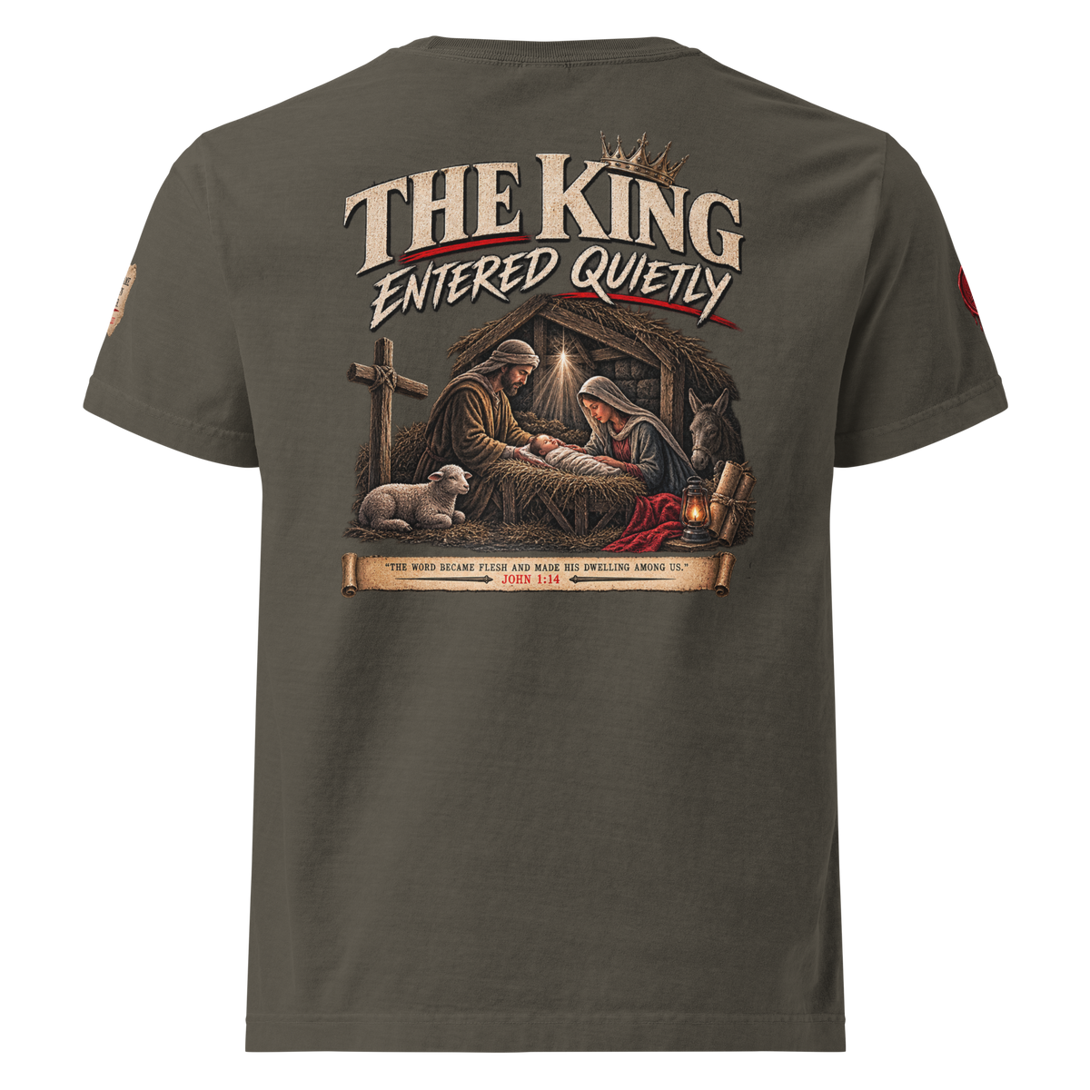 The King Came Quietly Christian Christmas oversized T-shirt — washed charcoal, back view