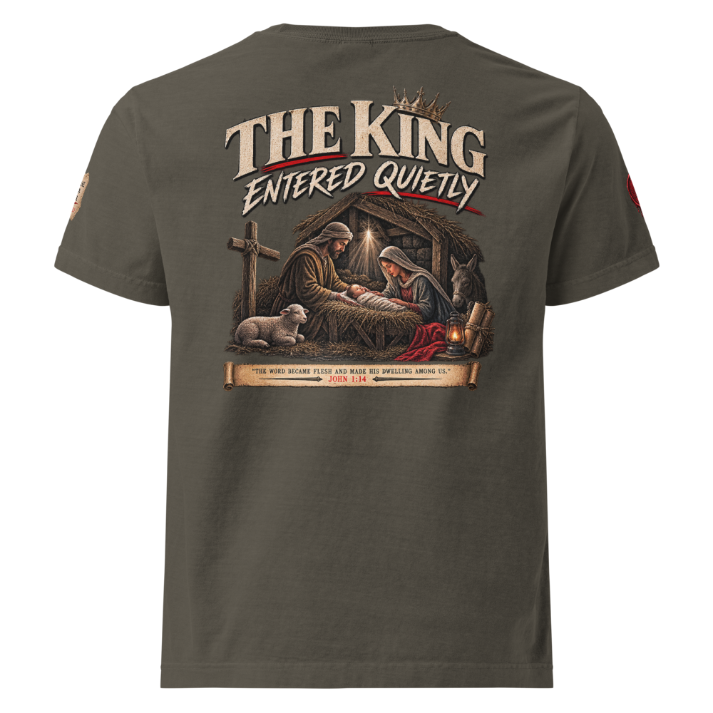THE KING CAME QUIETLY Christian Christmas Oversized T-Shirt — The King Came Quietly — charcoal, back. Gospel Noir Christian T-shirt by Heavenly Crafted, film noir Christian apparel