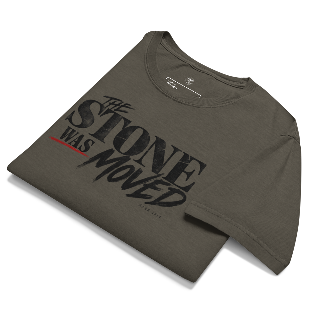 The Stone Was Gone by Morning Christian oversized T-shirt — washed charcoal, alternate front view