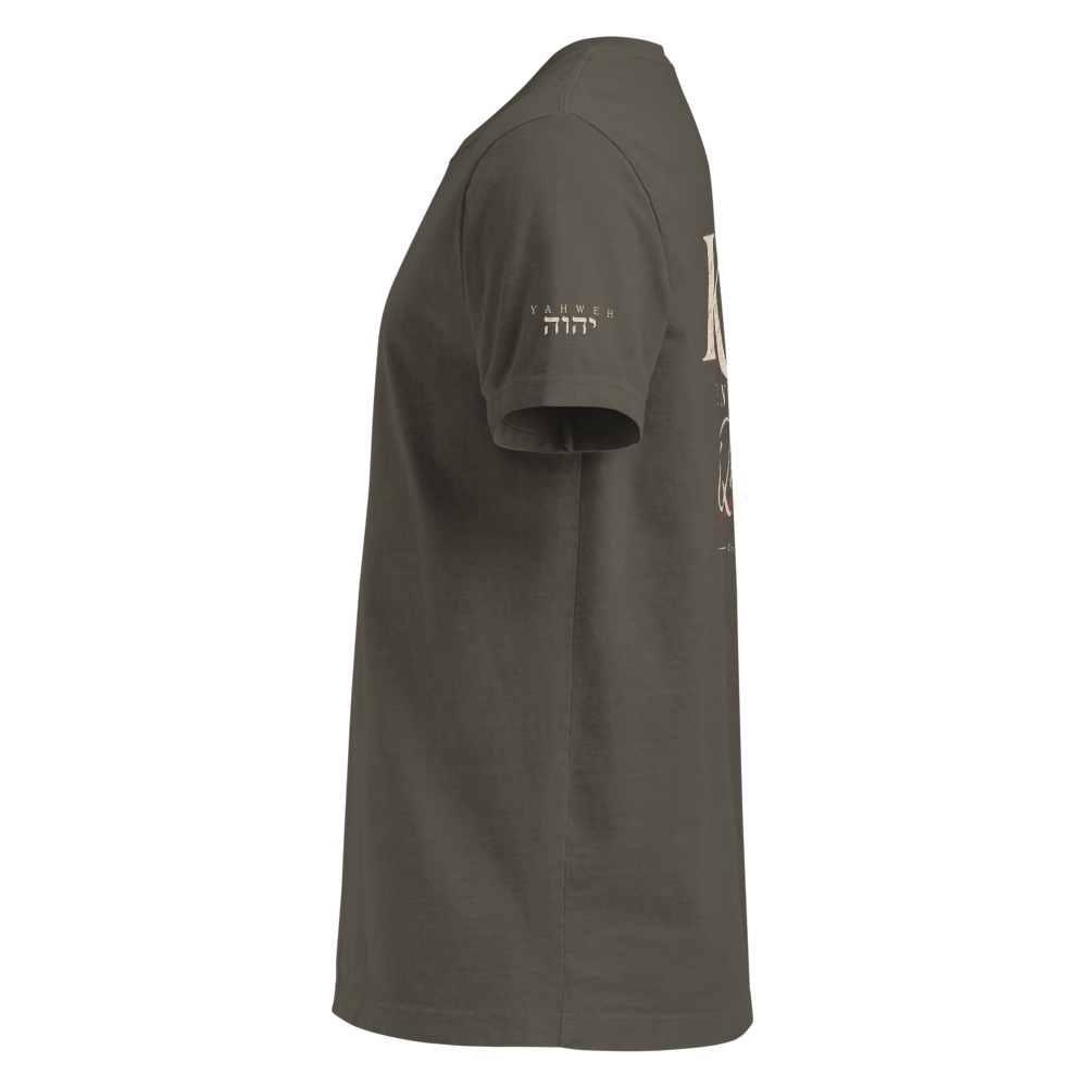 Christ the King Christian Oversized T-Shirt — charcoal, left. Gospel Noir Christian T-shirt by Heavenly Crafted, Christmas Christian streetwear gift