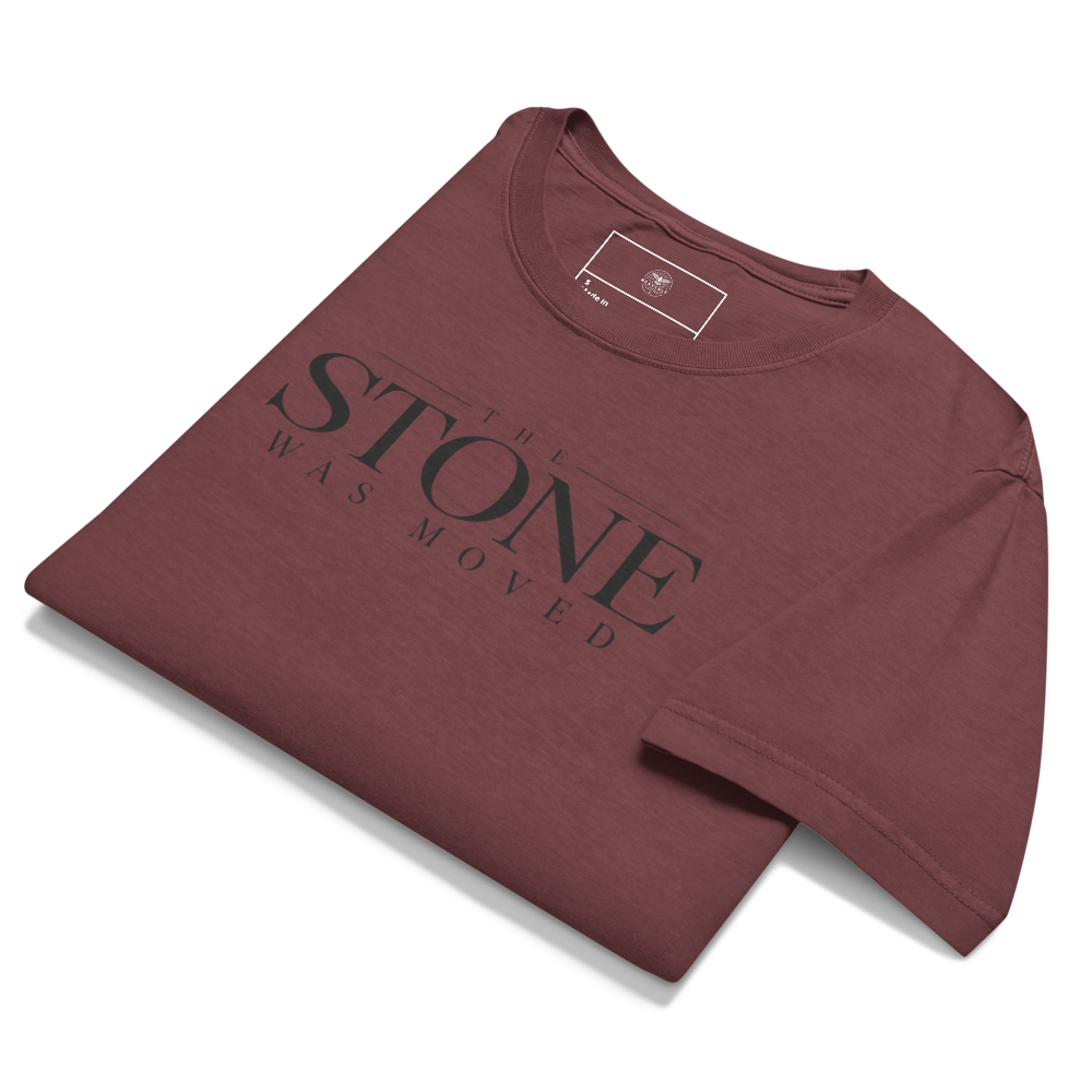 The Stone Was Gone by Morning Christian Resurrection Oversized T-Shirt — maroon, front. Gospel Noir Christian T-shirt by Heavenly Crafted, Christian streetwear