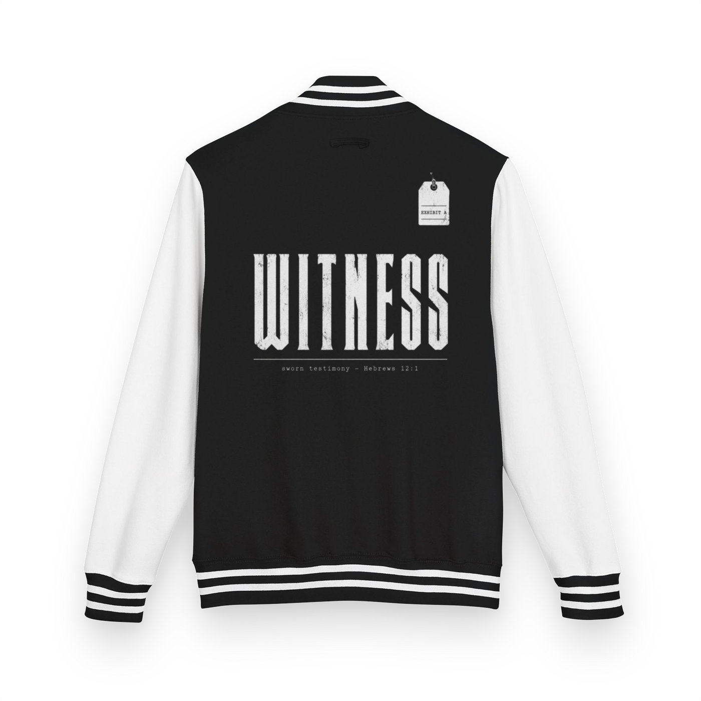 Gospel Noir Christian letterman jacket — black and white product back