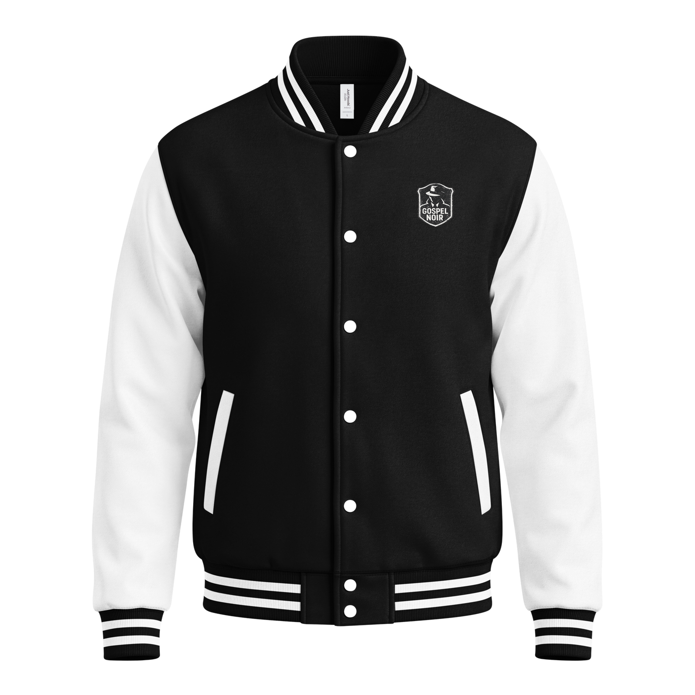 Gospel Noir Christian heavyweight letterman jacket — black and white front view