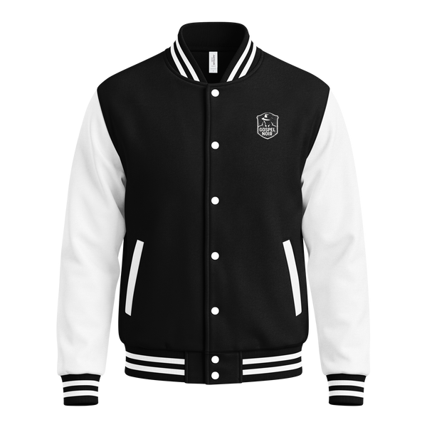 Gospel Noir Heavyweight Letterman Jacket — Black & White — black and white front view. Gospel Noir Christian varsity jacket by Heavenly Crafted, Christian streetwear
