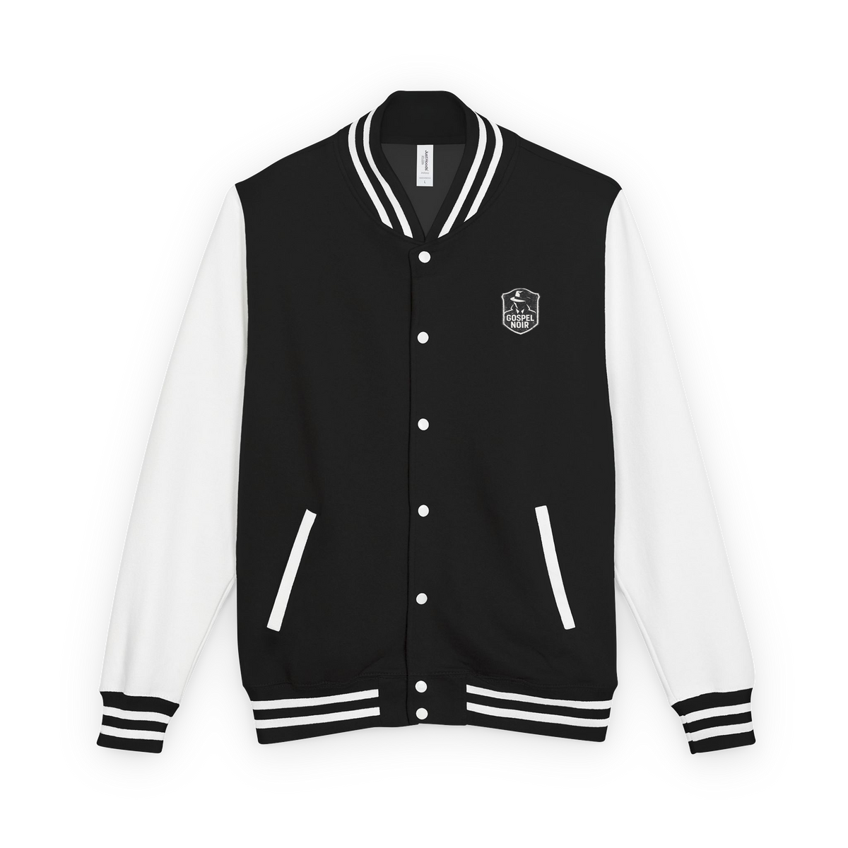 Gospel Noir Christian letterman jacket — black and white product front