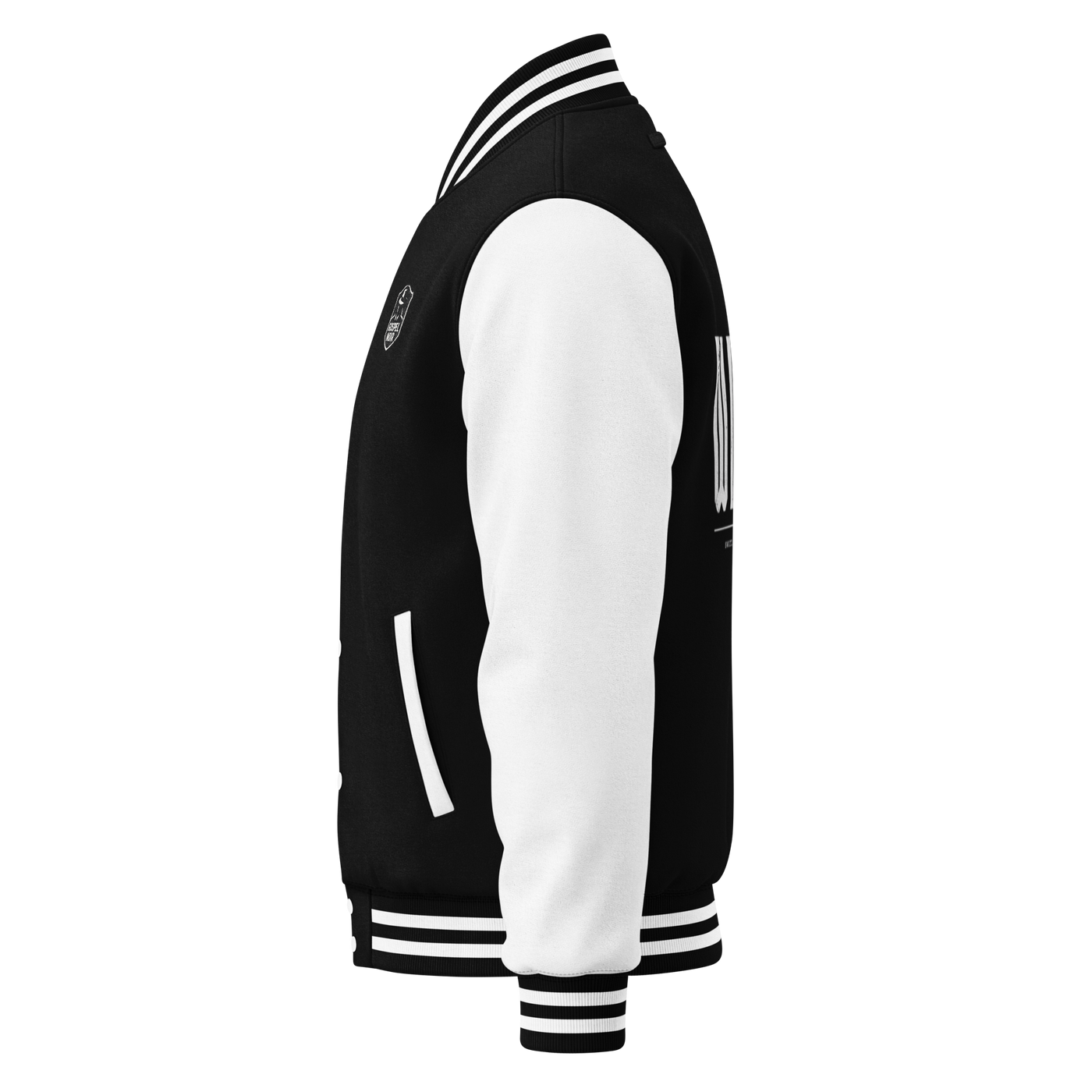 Gospel Noir Christian varsity jacket — black and white left side view