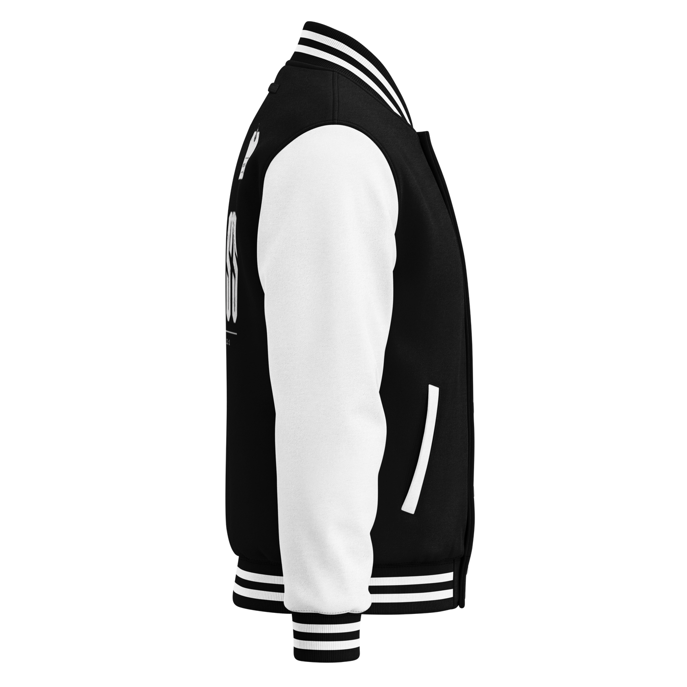 Gospel Noir Christian varsity jacket — black and white right side view
