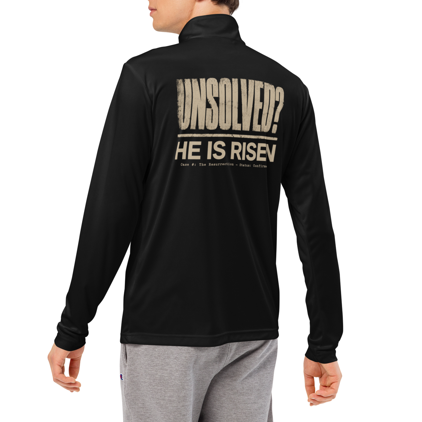 Fingerprint Cross Christian Quarter-Zip Pullover — black, back view 2