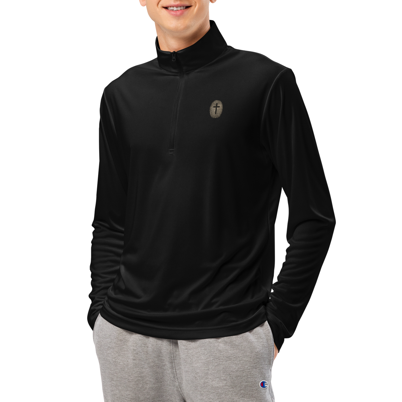 Fingerprint Cross Christian Quarter-Zip Pullover — black, front view