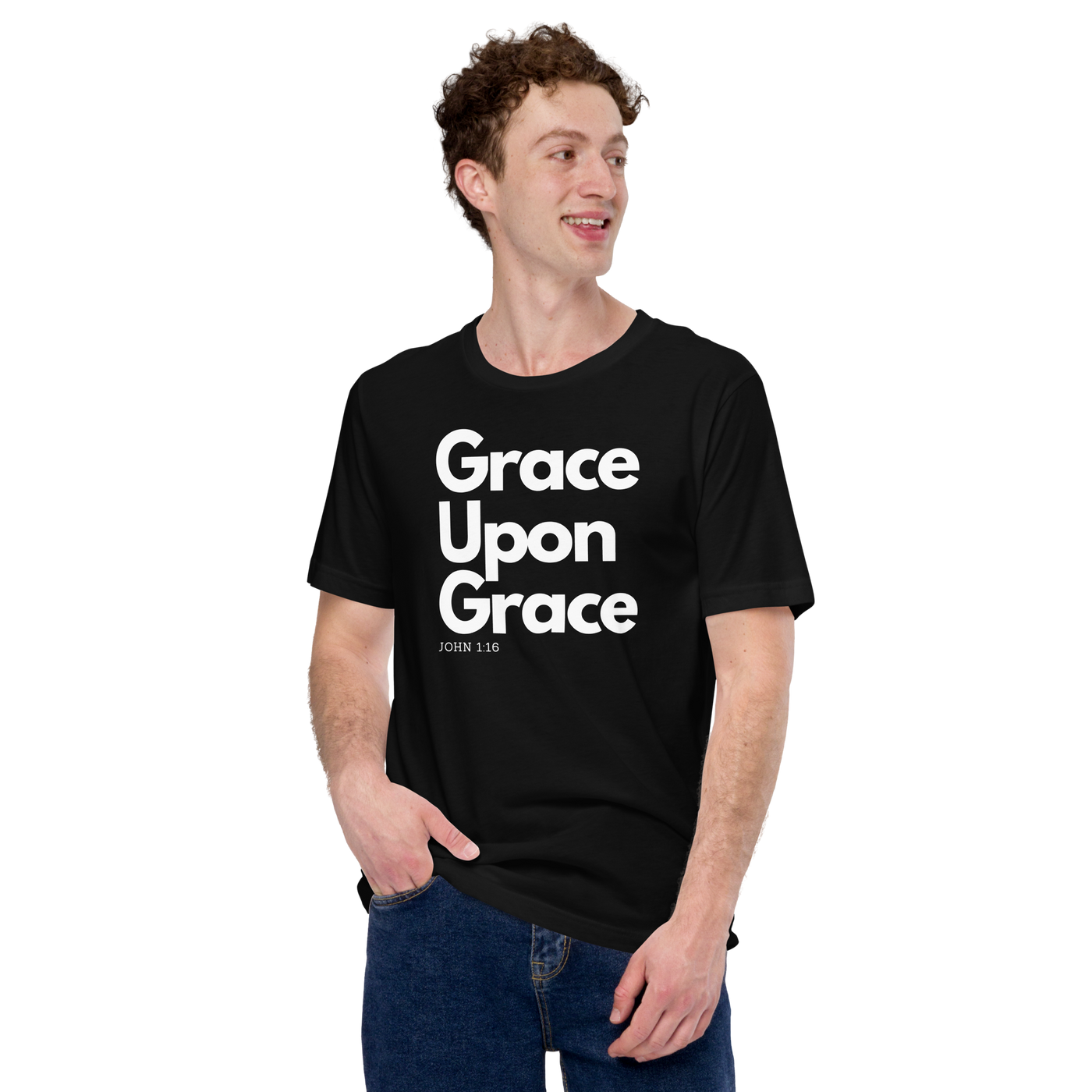 Grace Upon Grace John 1:16 Black Christian T-Shirt — black, shown on model